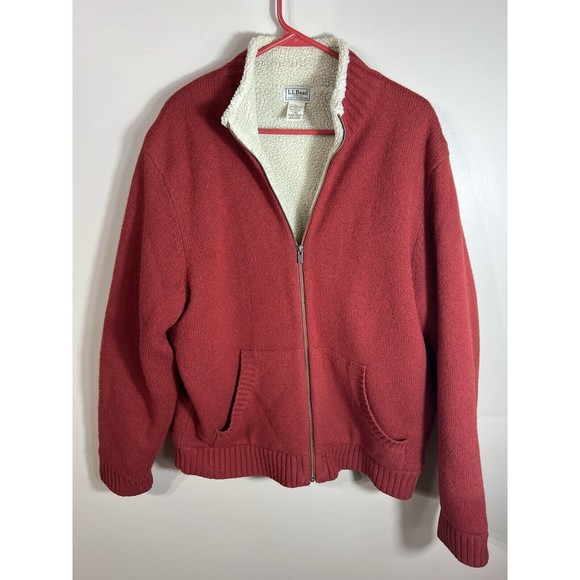 L.L.Bean Sherpa Sweater Large Lambswool Full Zip Cardigan Jacket Red Orange - Picture 1 of 11